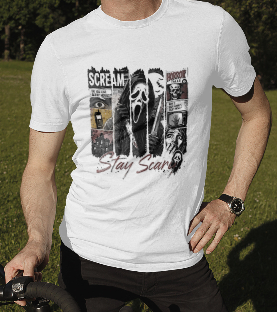 Scream Stay Scary Ghostface Comic Bloody Dagger Do You Like Scary Movies T-Shirt