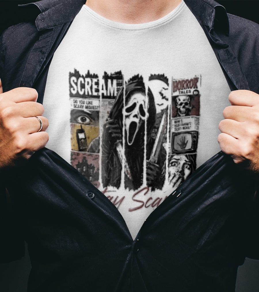 Scream Stay Scary Ghostface Comic Bloody Dagger Do You Like Scary Movies T-Shirt