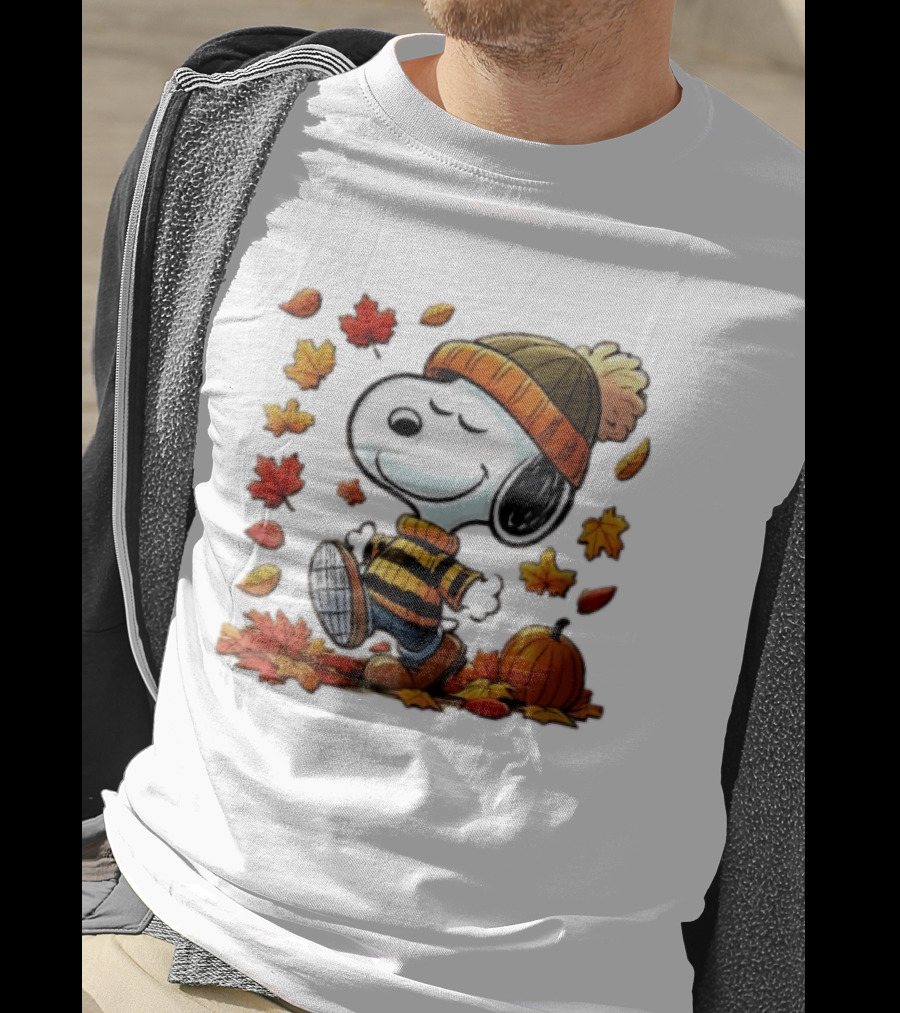 Snoopy Walking In Striped Beanie With Autumn Leaves And Pumpkin T-Shirt