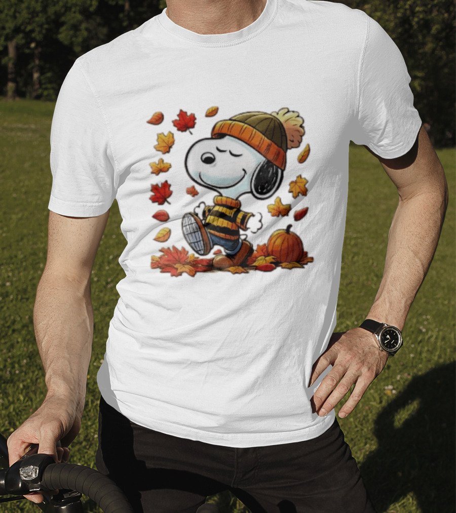 Snoopy Walking In Striped Beanie With Autumn Leaves And Pumpkin T-Shirt