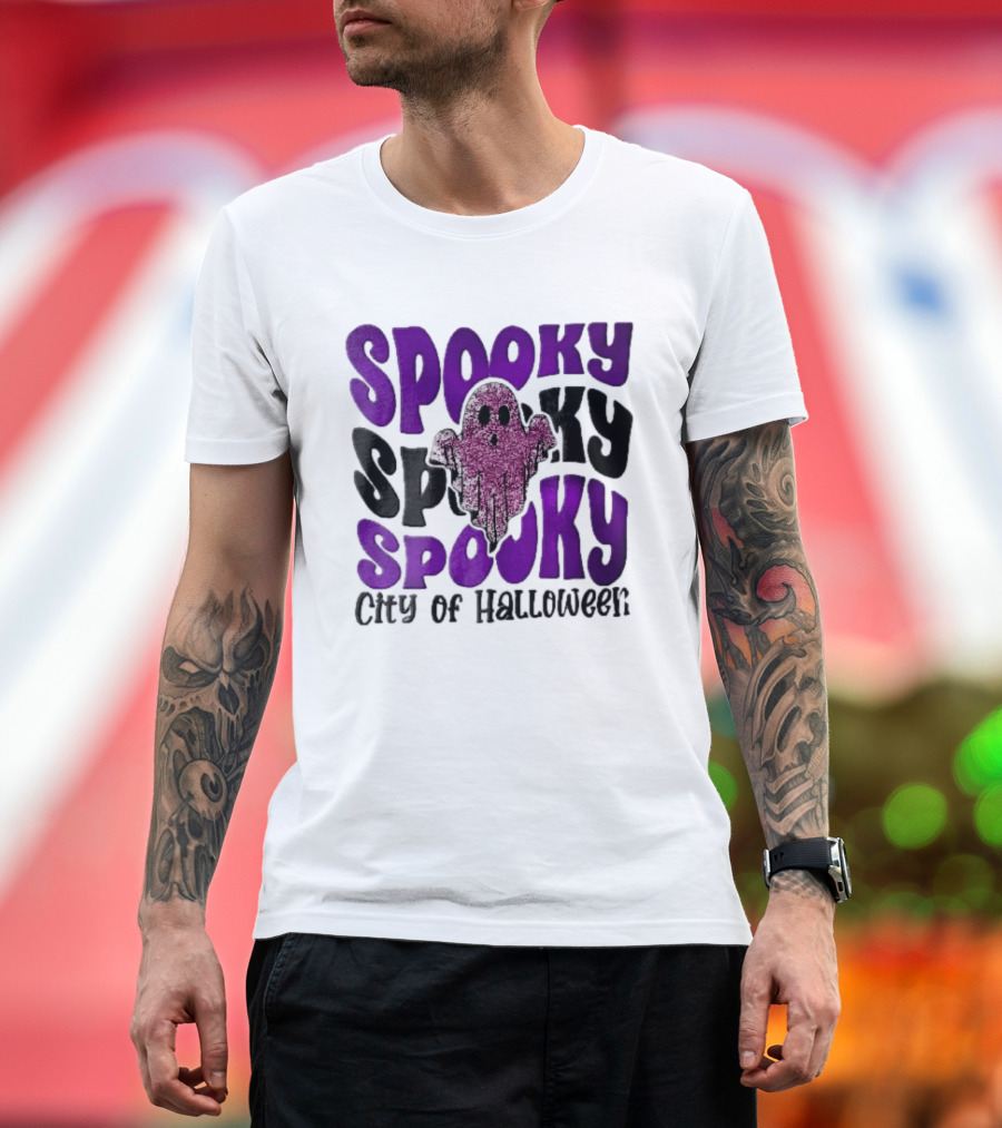 Spooky City Of Halloween Pink Glitter Ghost Retro Groovy T-Shirt