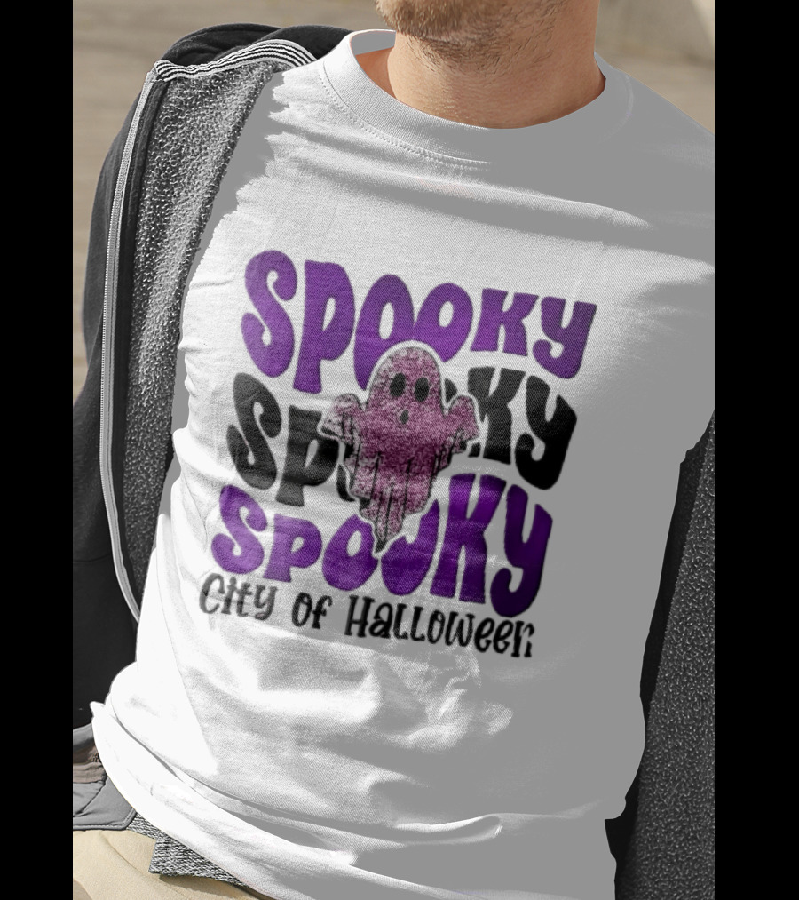 Spooky City Of Halloween Pink Glitter Ghost Retro Groovy T-Shirt