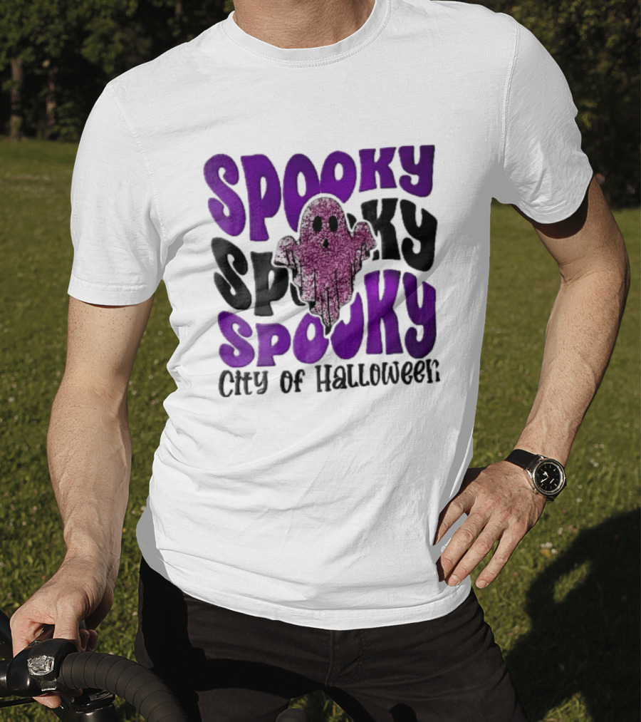 Spooky City Of Halloween Pink Glitter Ghost Retro Groovy T-Shirt