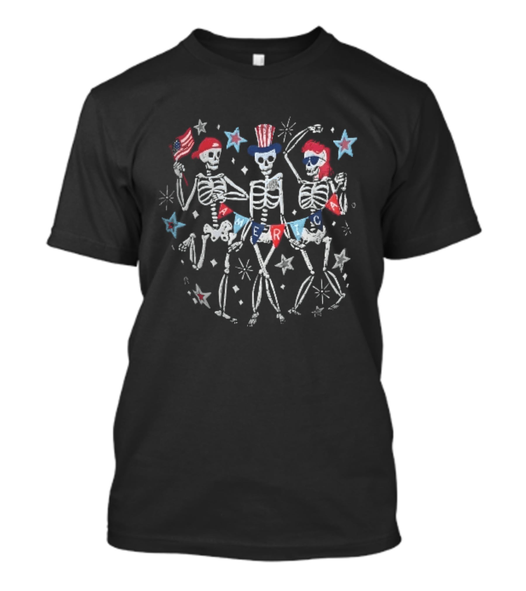 America USA Three Dancing Skeletons Patriotic Uncle Sam Hat Independence Bunting Stars T-Shirt