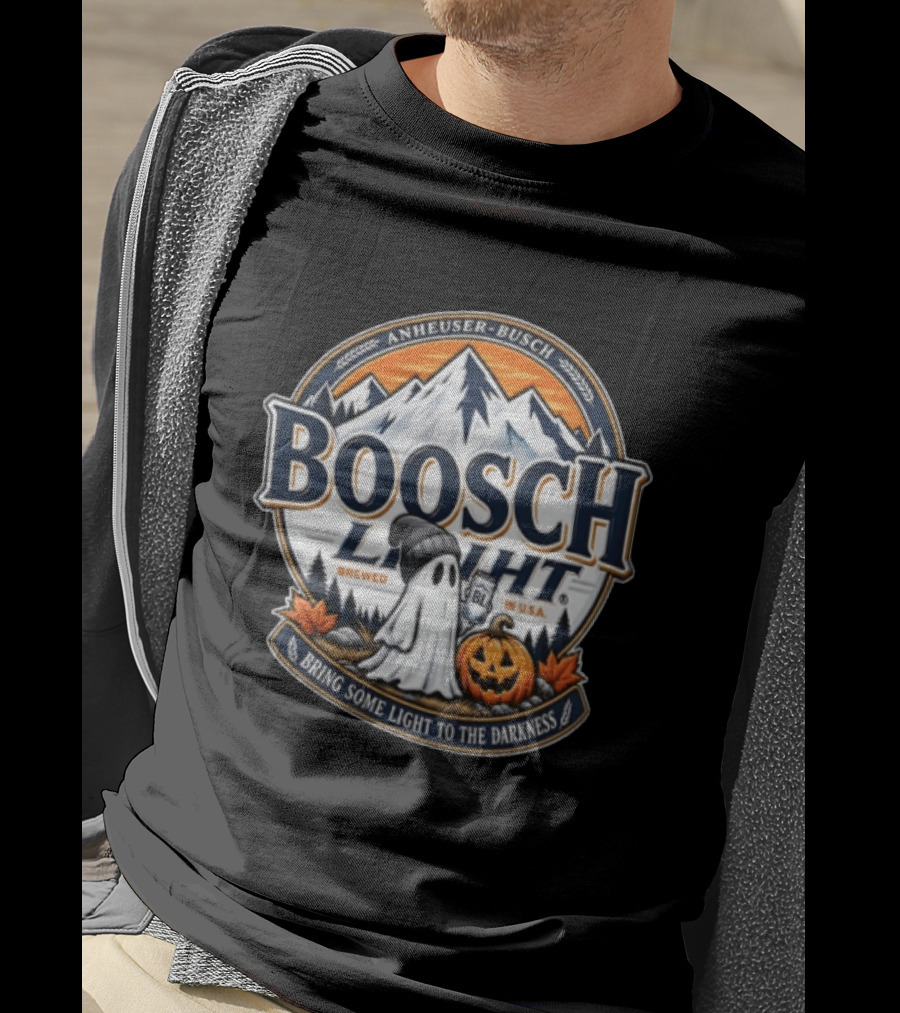 Anheuser Busch Boosch Light Brewed In USA Halloween Ghost Holding Can Jack O Lantern Bring Some Light To The Darkness T-Shirt