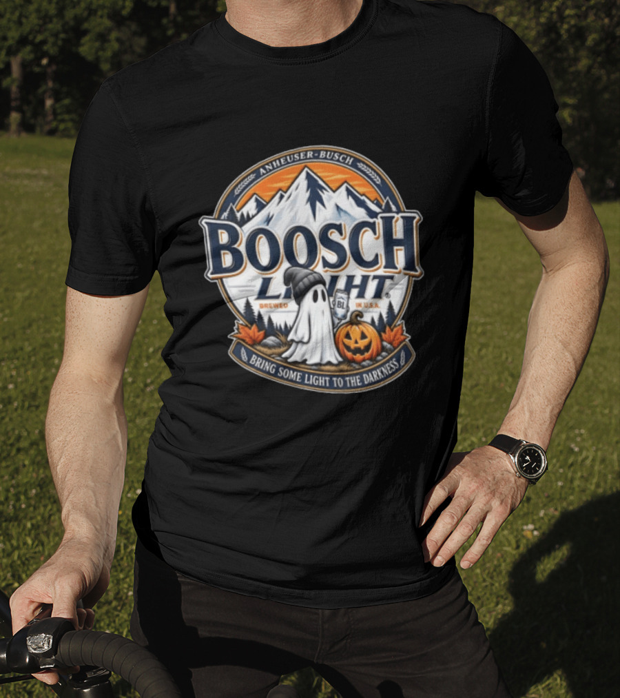 Anheuser Busch Boosch Light Brewed In USA Halloween Ghost Holding Can Jack O Lantern Bring Some Light To The Darkness T-Shirt