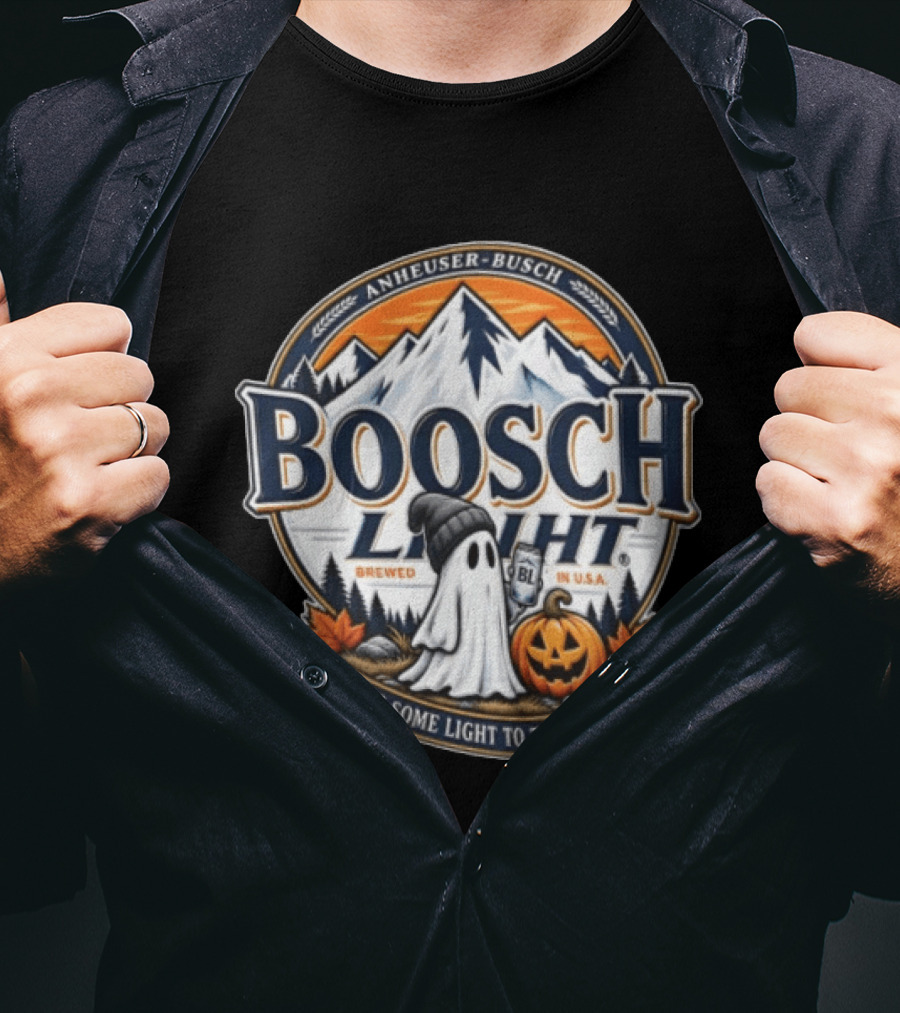 Anheuser Busch Boosch Light Brewed In USA Halloween Ghost Holding Can Jack O Lantern Bring Some Light To The Darkness T-Shirt