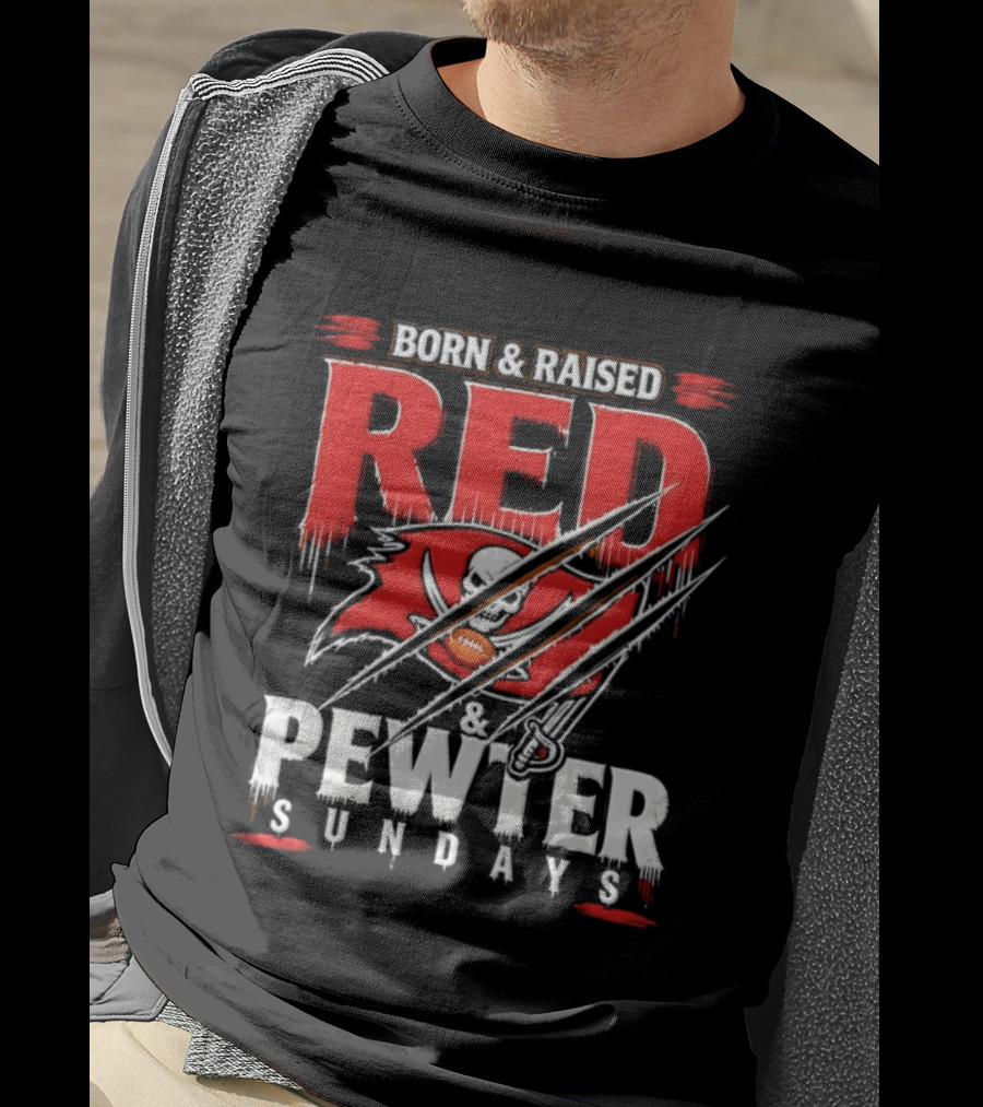 Born And Raised Red And Pewter Sundays Tampa Bay Buccaneers Flag Football T-Shirt