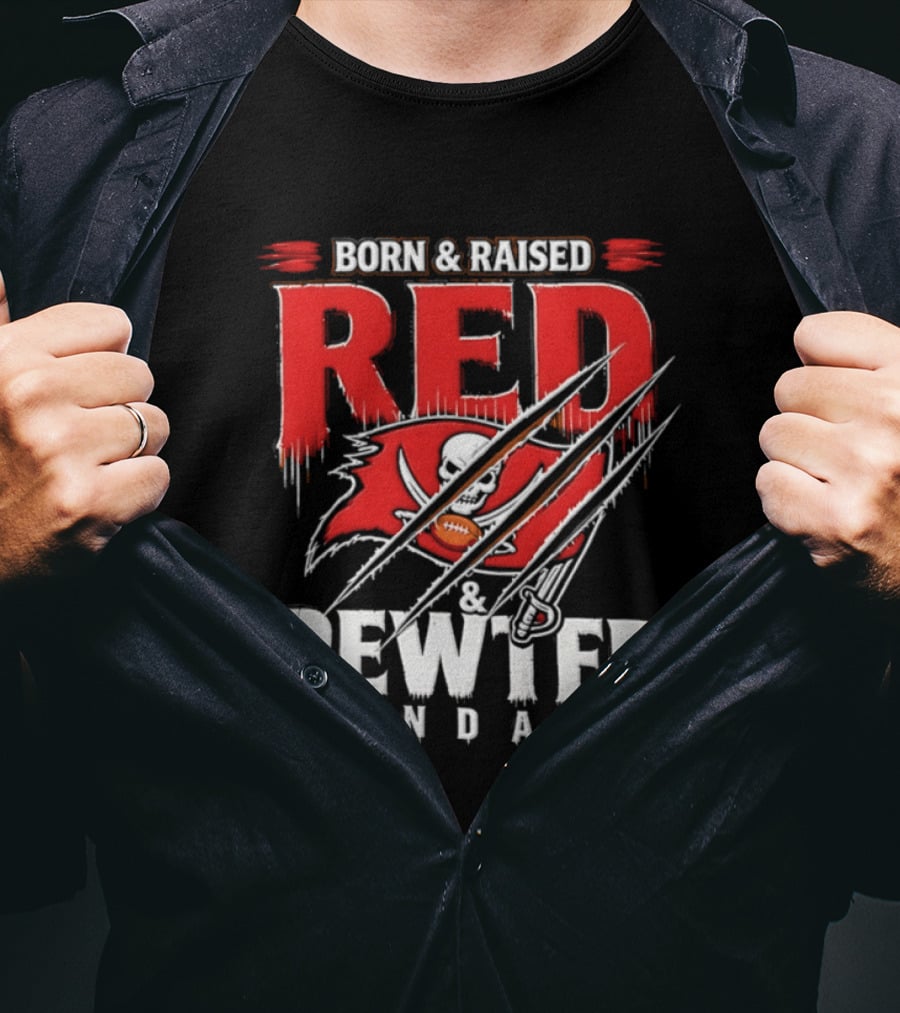 Born And Raised Red And Pewter Sundays Tampa Bay Buccaneers Flag Football T-Shirt