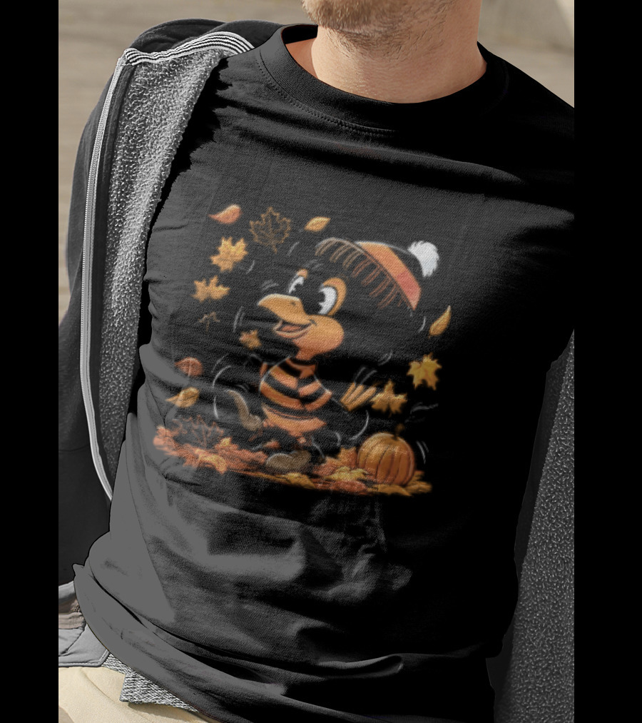 Cartoon Black And Orange Bird Beanie Hat Pumpkin Autumn Falling Leaves T-Shirt