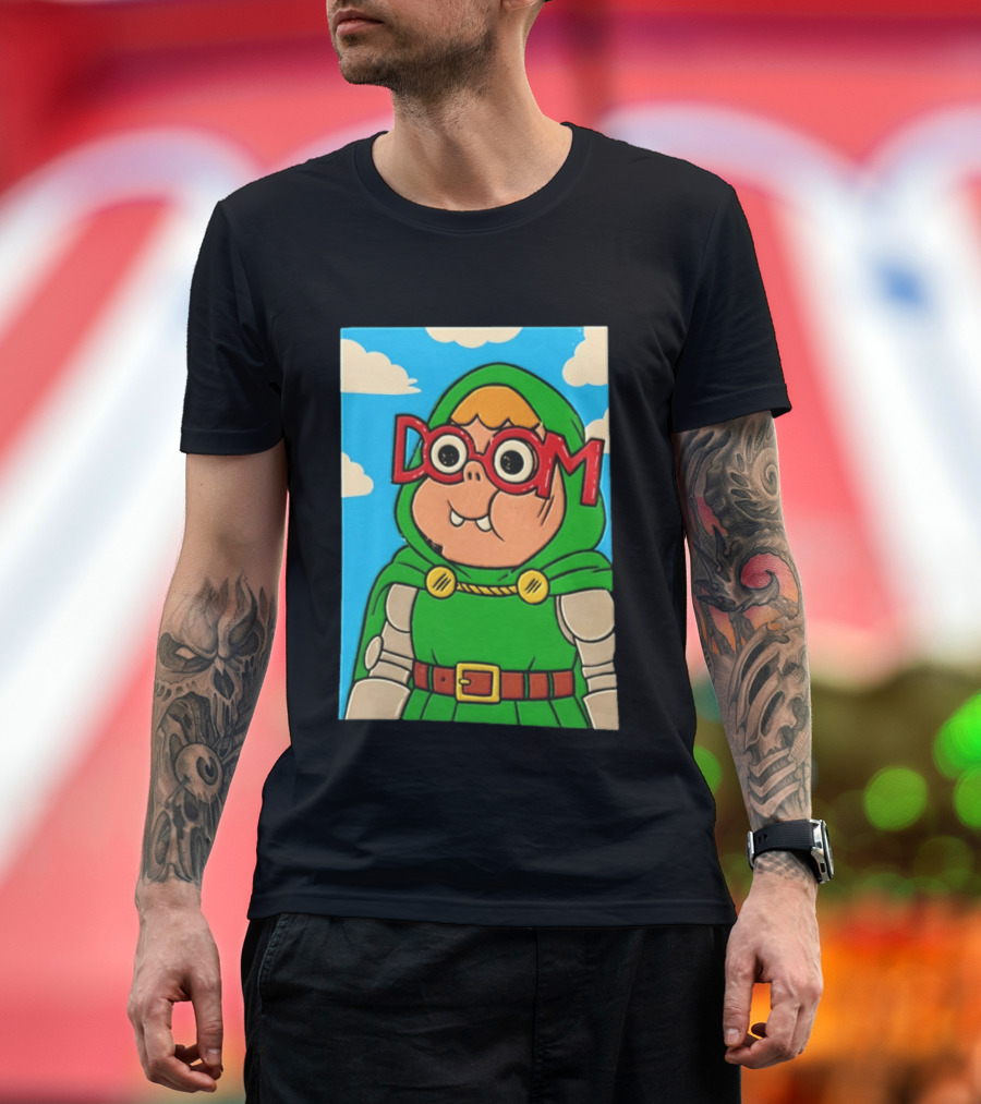 Clarence Doctor Doom Cartoon Crossover DOOM Glasses Green Hood Clouds T-Shirt