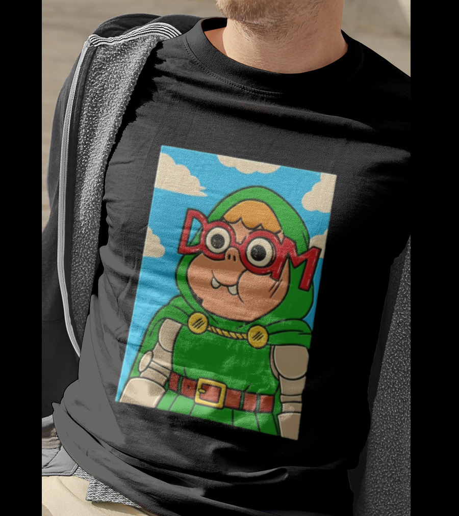 Clarence Doctor Doom Cartoon Crossover DOOM Glasses Green Hood Clouds T-Shirt