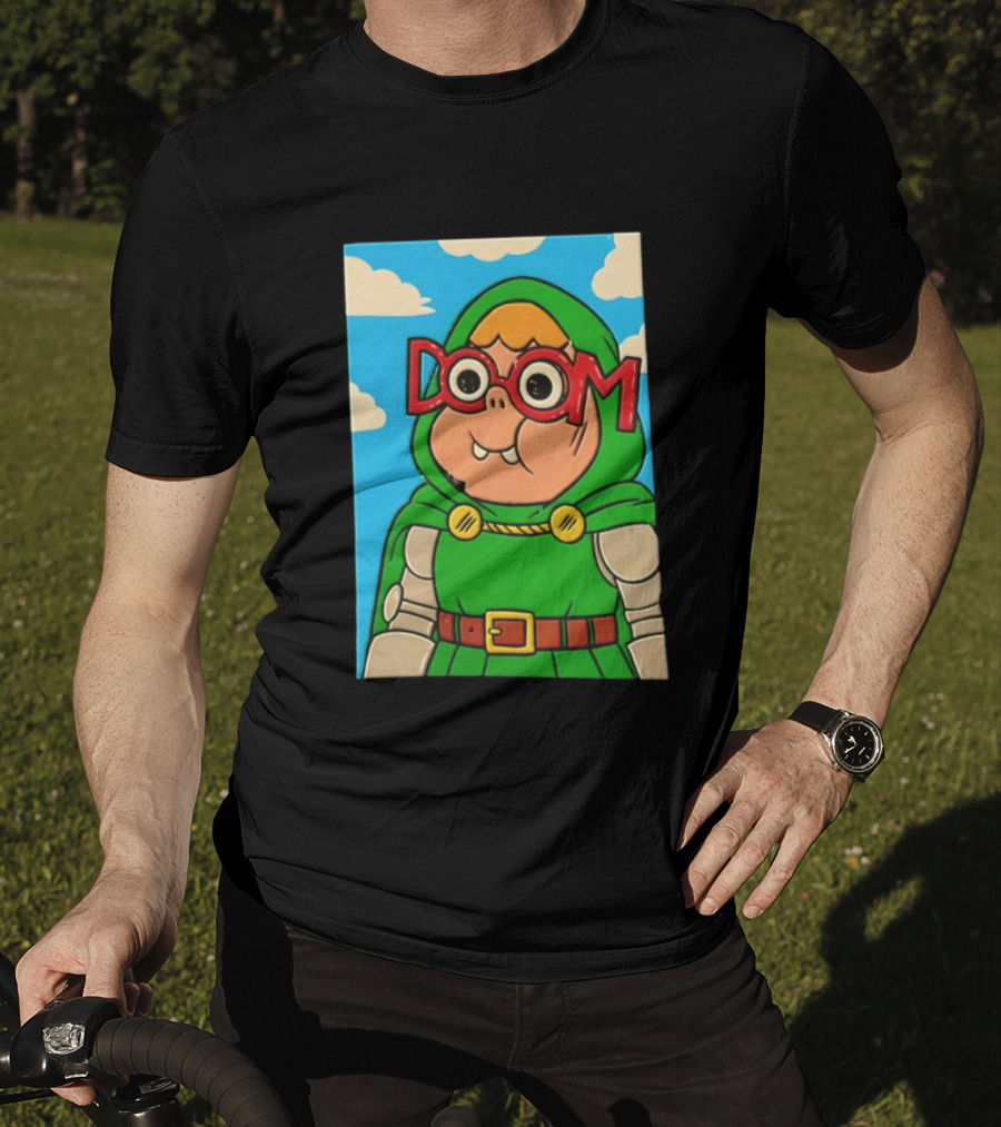 Clarence Doctor Doom Cartoon Crossover DOOM Glasses Green Hood Clouds T-Shirt