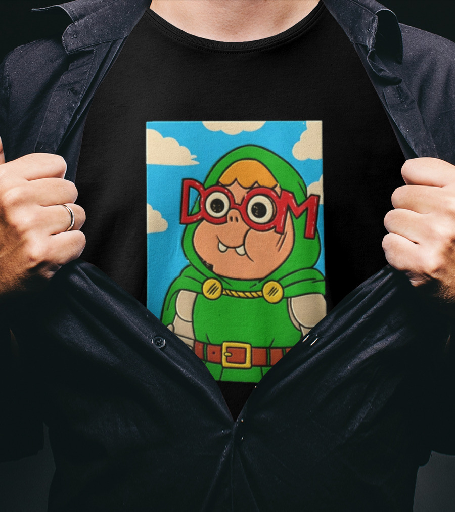 Clarence Doctor Doom Cartoon Crossover DOOM Glasses Green Hood Clouds T-Shirt
