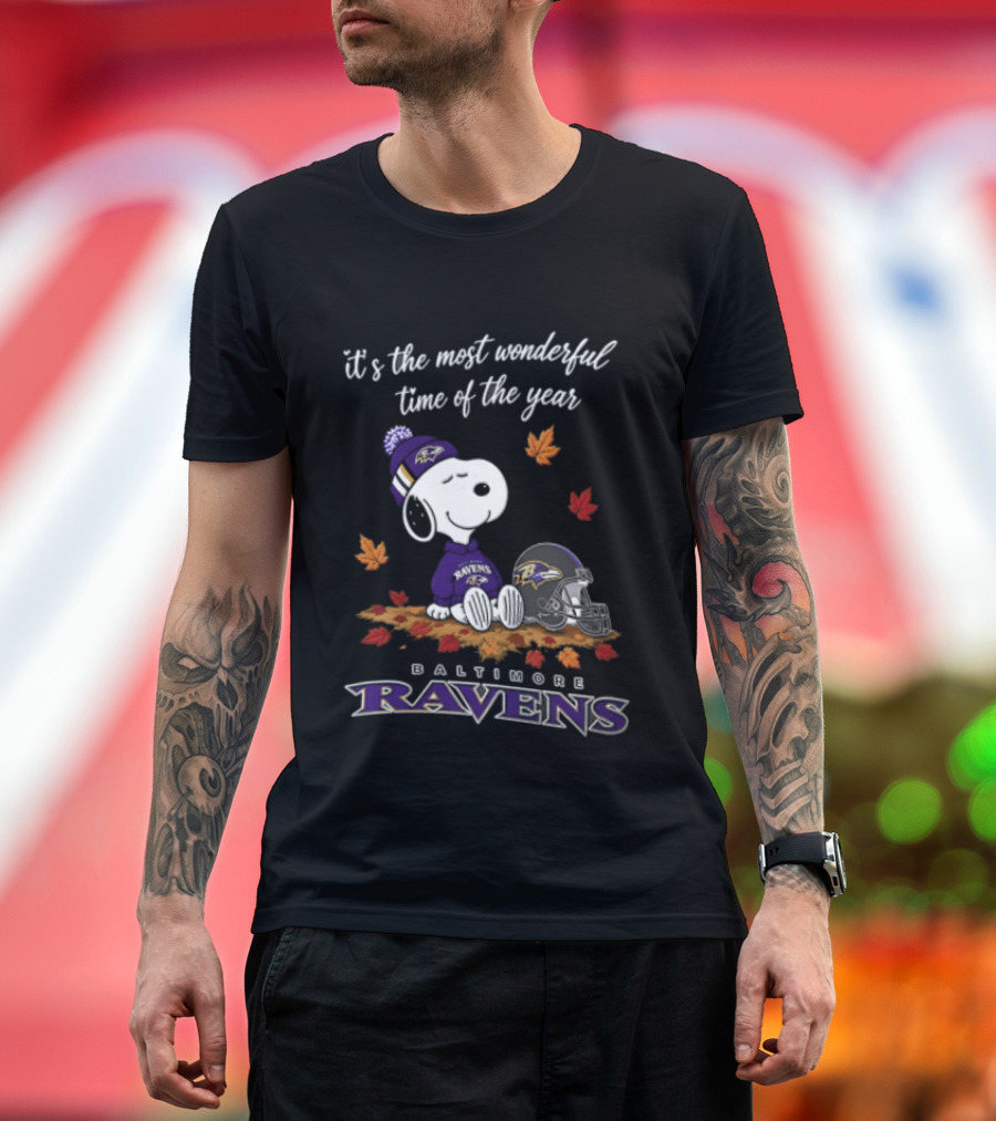 It's The Most Wonderful Time Of The Year Snoopy Baltimore Ravens Beagle Beanie Helmet Autumn Leaves T-Shirt