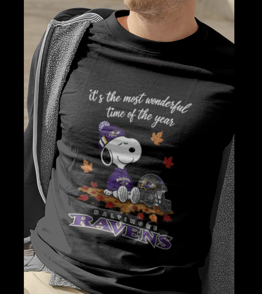 It's The Most Wonderful Time Of The Year Snoopy Baltimore Ravens Beagle Beanie Helmet Autumn Leaves T-Shirt