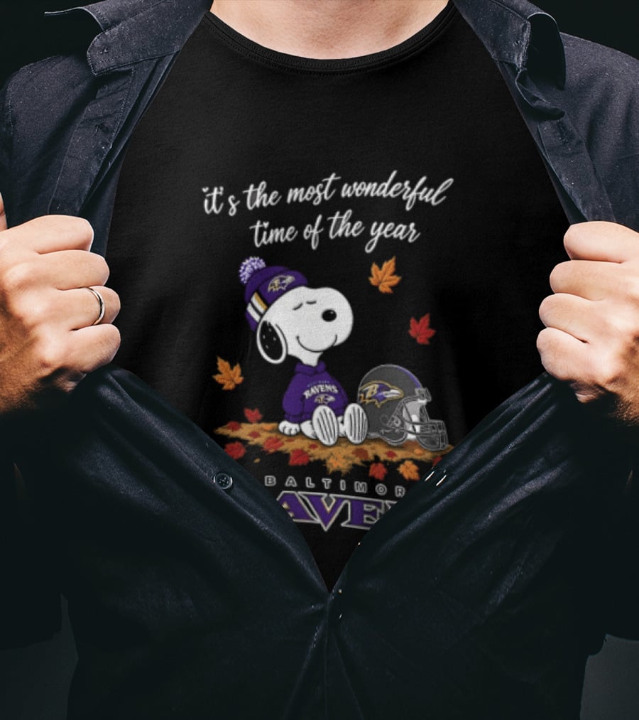 It's The Most Wonderful Time Of The Year Snoopy Baltimore Ravens Beagle Beanie Helmet Autumn Leaves T-Shirt