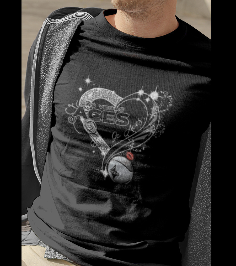 Las Vegas Aces WNBA Rhinestone Heart Basketball Sparkles Lips T-Shirt