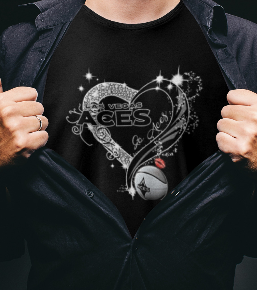 Las Vegas Aces WNBA Rhinestone Heart Basketball Sparkles Lips T-Shirt