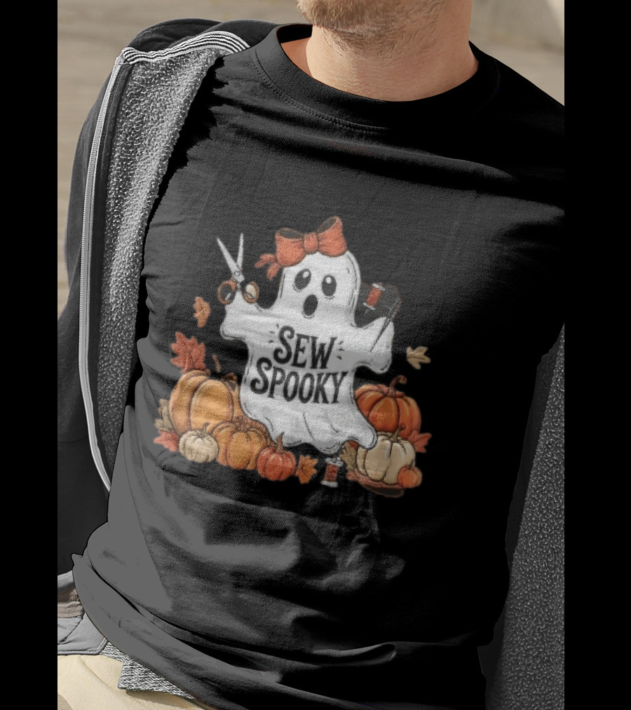 Sew Spooky Ghost With Bow Scissors Pumpkins Autumn Leaves Thread Spools T-Shirt