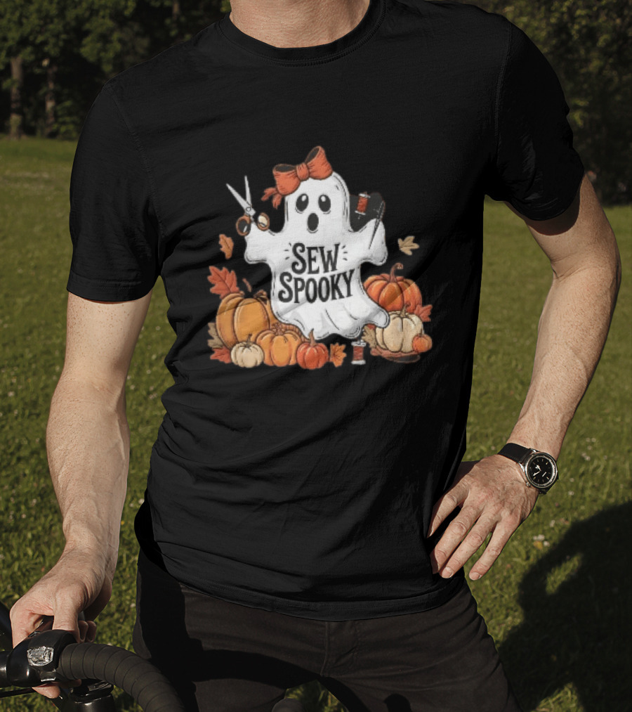 Sew Spooky Ghost With Bow Scissors Pumpkins Autumn Leaves Thread Spools T-Shirt