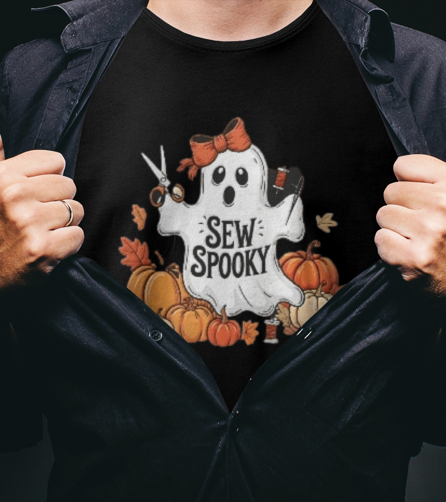 Sew Spooky Ghost With Bow Scissors Pumpkins Autumn Leaves Thread Spools T-Shirt