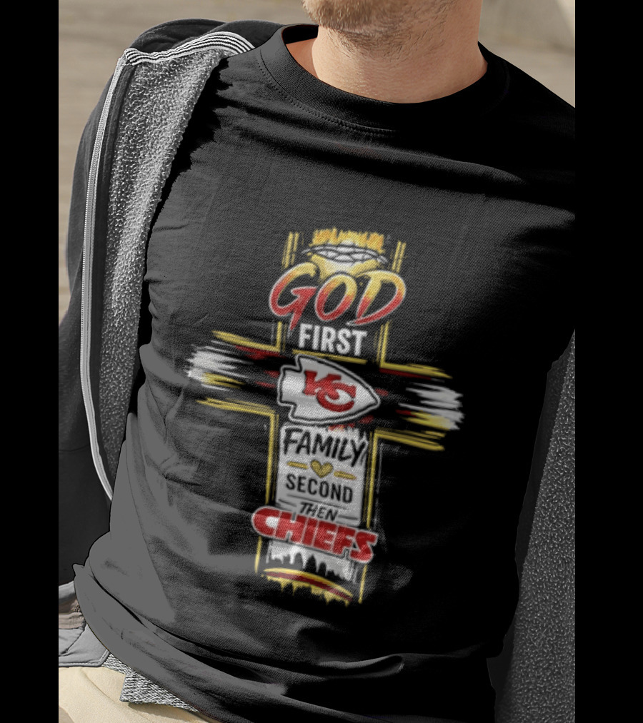 God First Family Second Kansas City Chiefs Cross Crown Of Thorns T-Shirt
