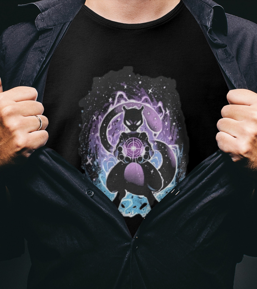 Mewtwo Cosmic Purple Energy Sphere Galaxy Stars Blue Flames T-Shirt