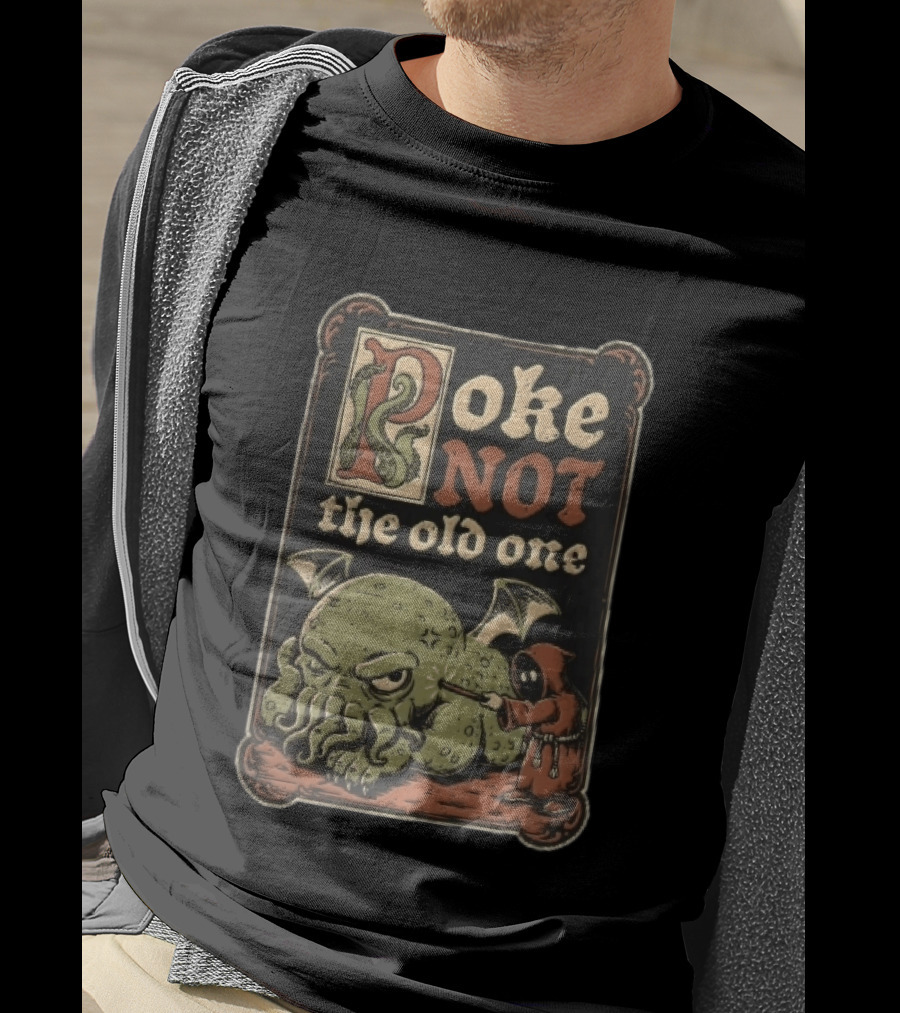 Poke Not The Old One Chibi Cthulhu Hooded Cultist Poking Stick Cartoon Frame T-Shirt