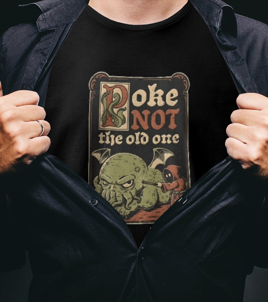 Poke Not The Old One Chibi Cthulhu Hooded Cultist Poking Stick Cartoon Frame T-Shirt
