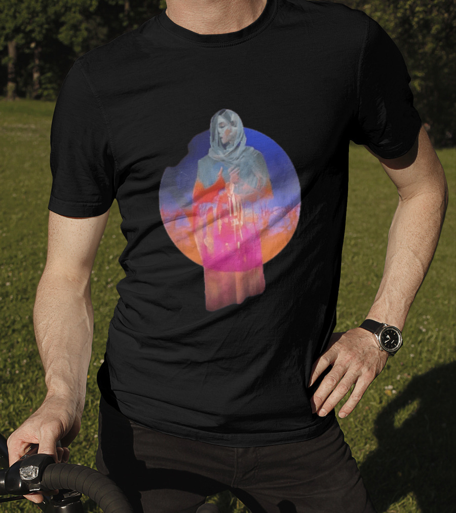 Veiled Hooded Cloak Double Exposure Bare Trees Glowing Sunset Globe T-Shirt