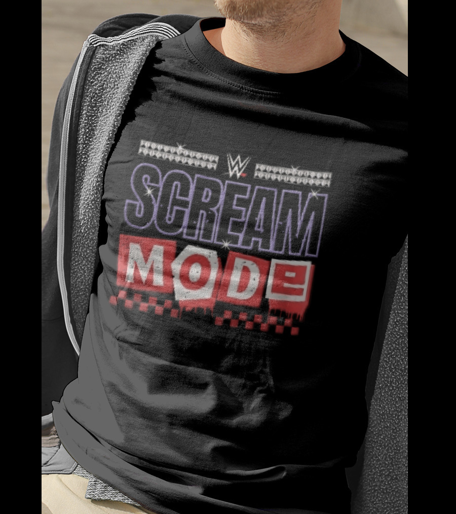 Scream Mode WWE Silver Studs Red Cutout Dripping Blocks Checkered T-Shirt