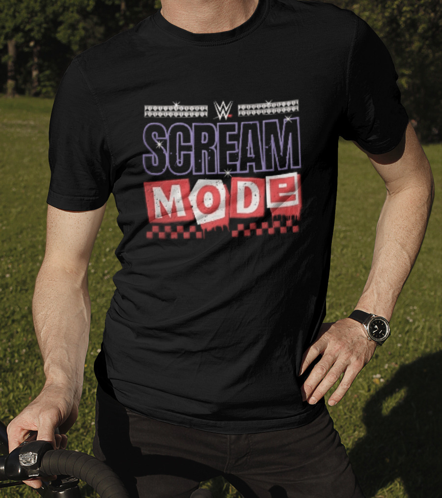 Scream Mode WWE Silver Studs Red Cutout Dripping Blocks Checkered T-Shirt