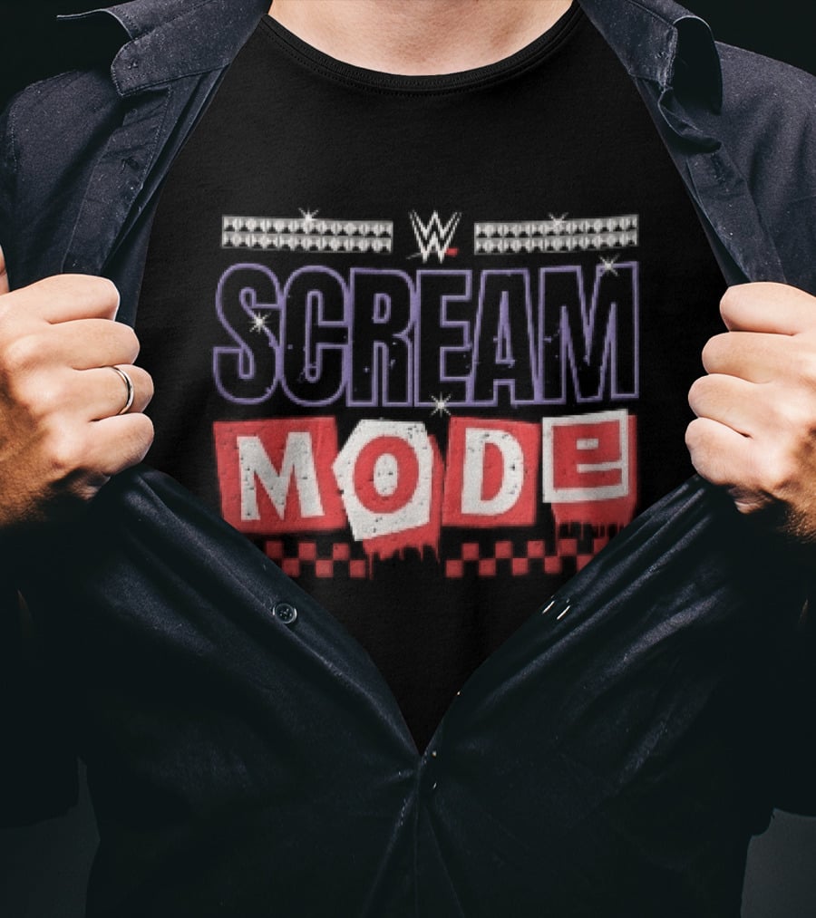 Scream Mode WWE Silver Studs Red Cutout Dripping Blocks Checkered T-Shirt