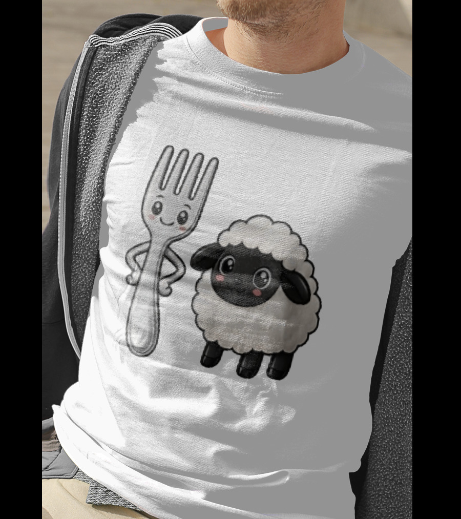 Chibi Style Silver Fork And Cute Black Faced Lamb Cartoon T-Shirt