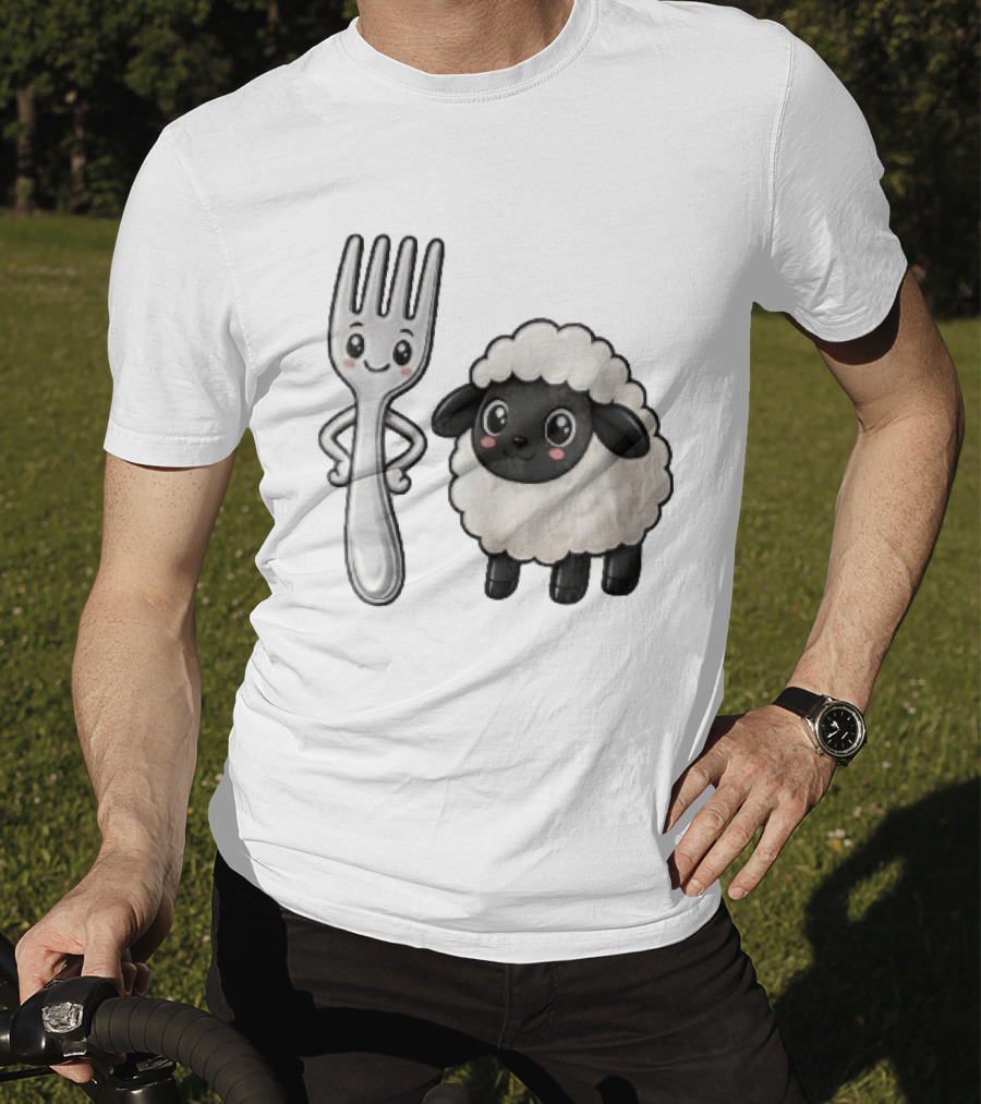 Chibi Style Silver Fork And Cute Black Faced Lamb Cartoon T-Shirt