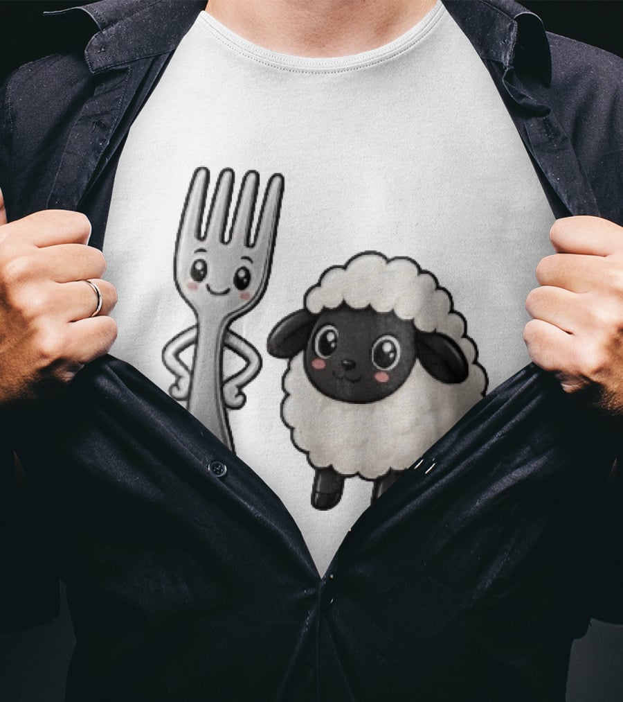 Chibi Style Silver Fork And Cute Black Faced Lamb Cartoon T-Shirt