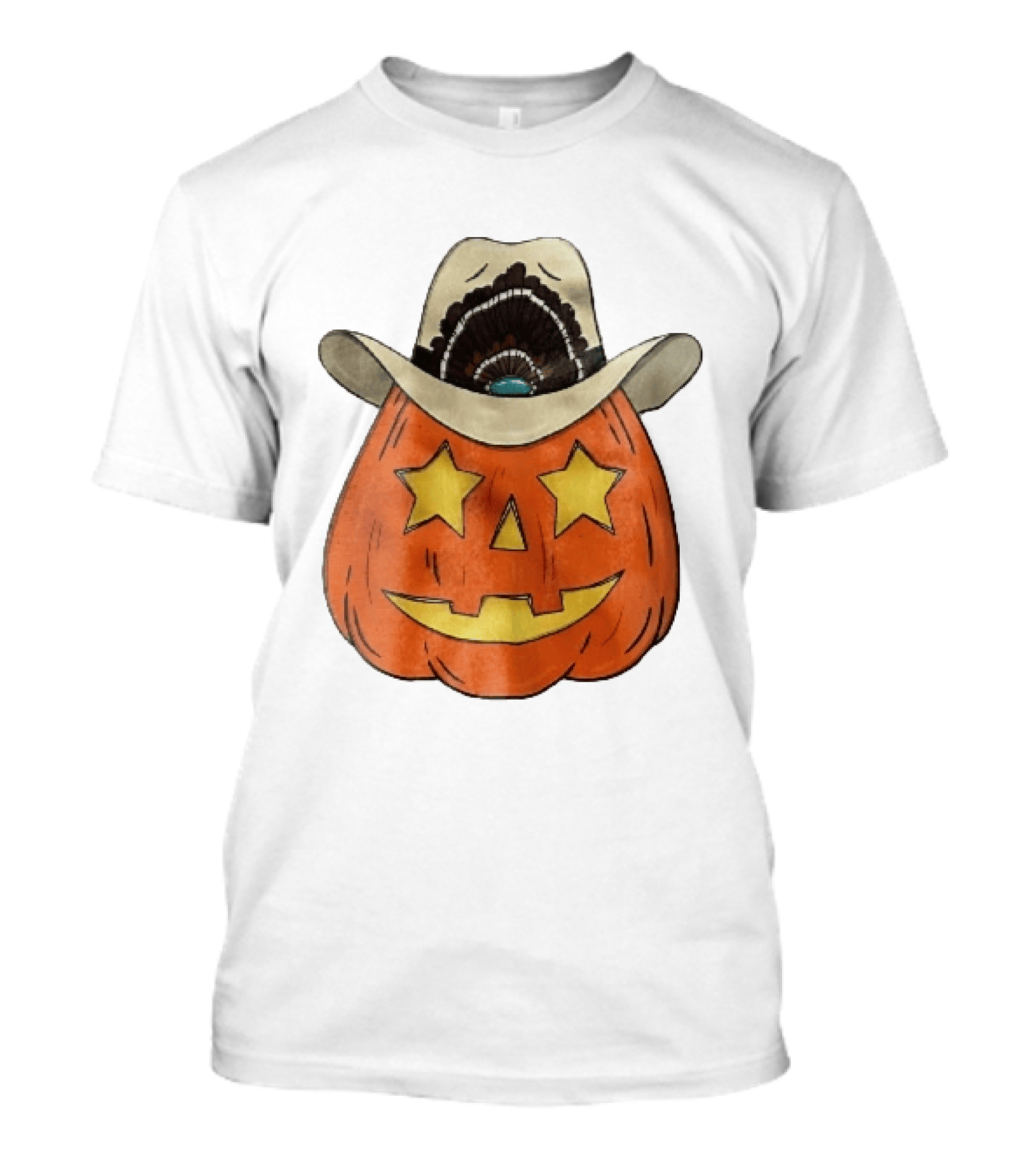 Starry Eyed Jack O Lantern Pumpkin Cowboy Hat Feather T-Shirt