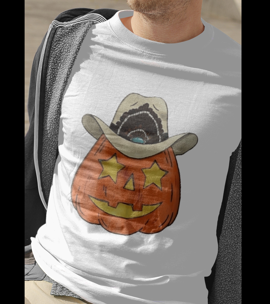 Starry Eyed Jack O Lantern Pumpkin Cowboy Hat Feather T-Shirt