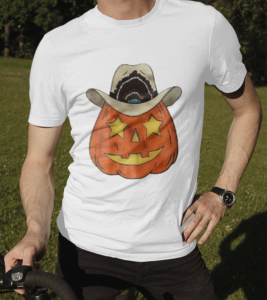 Starry Eyed Jack O Lantern Pumpkin Cowboy Hat Feather T-Shirt