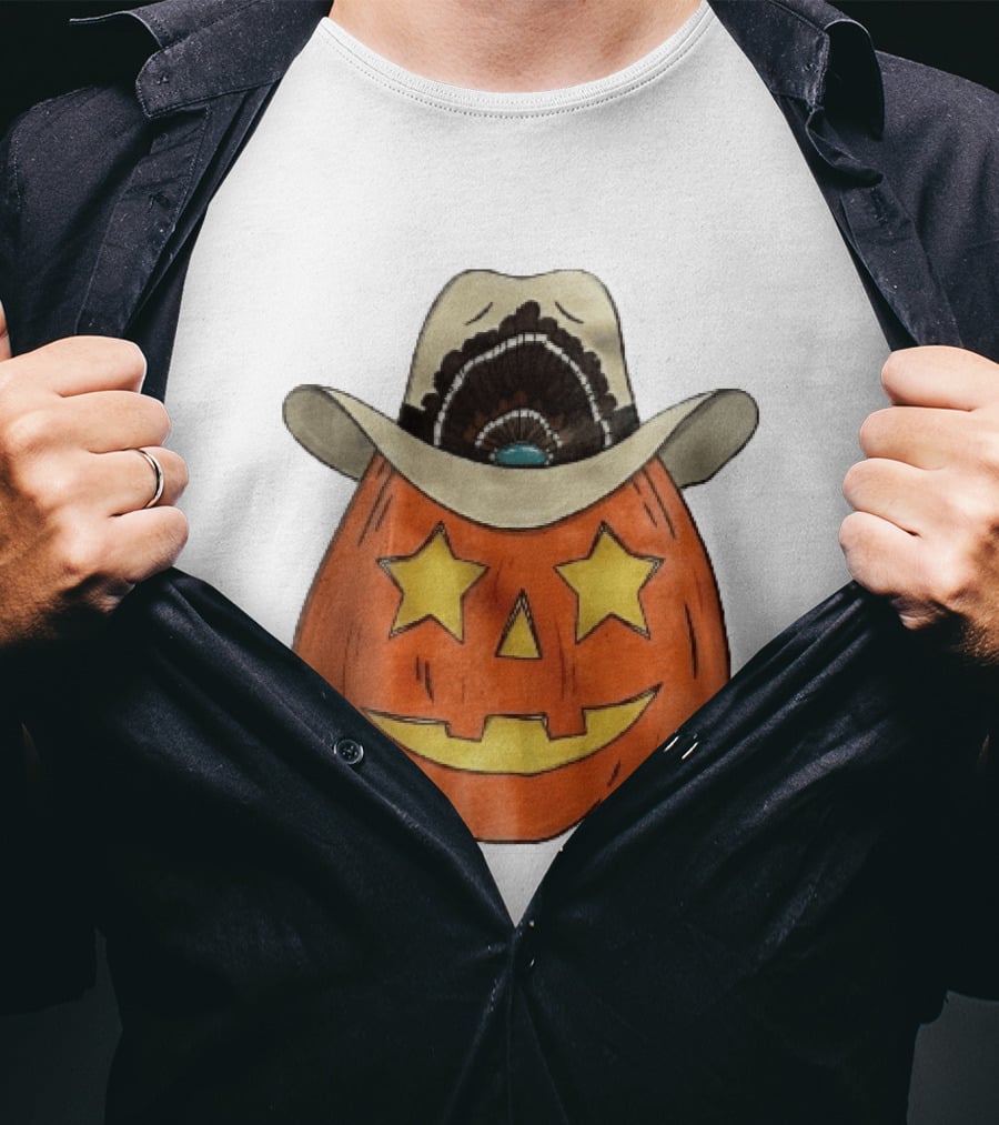 Starry Eyed Jack O Lantern Pumpkin Cowboy Hat Feather T-Shirt