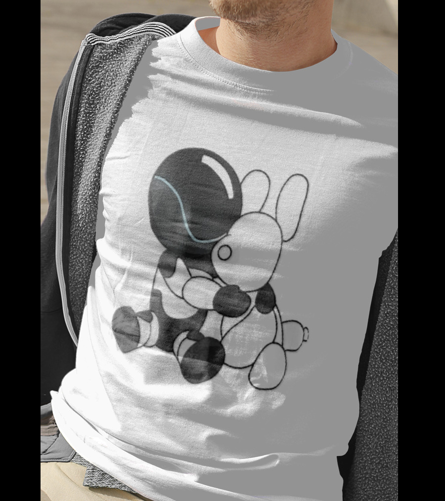 Cartoon Robot Embracing White Bunny Plush Toy T-Shirt