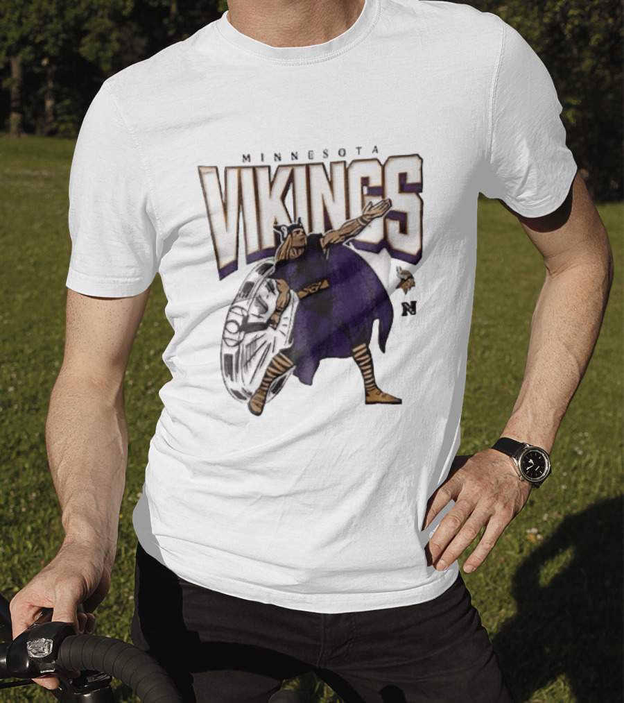 Minnesota Vikings Horned Helmet Warrior With Chrome Shield And Purple Cape T-Shirt