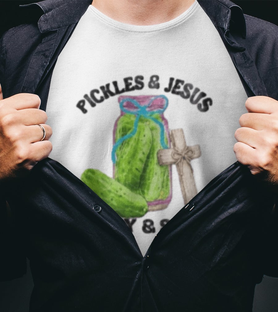 Pickles And Jesus Salty Saved Watercolor Mason Jar Wooden Cross T-Shirt