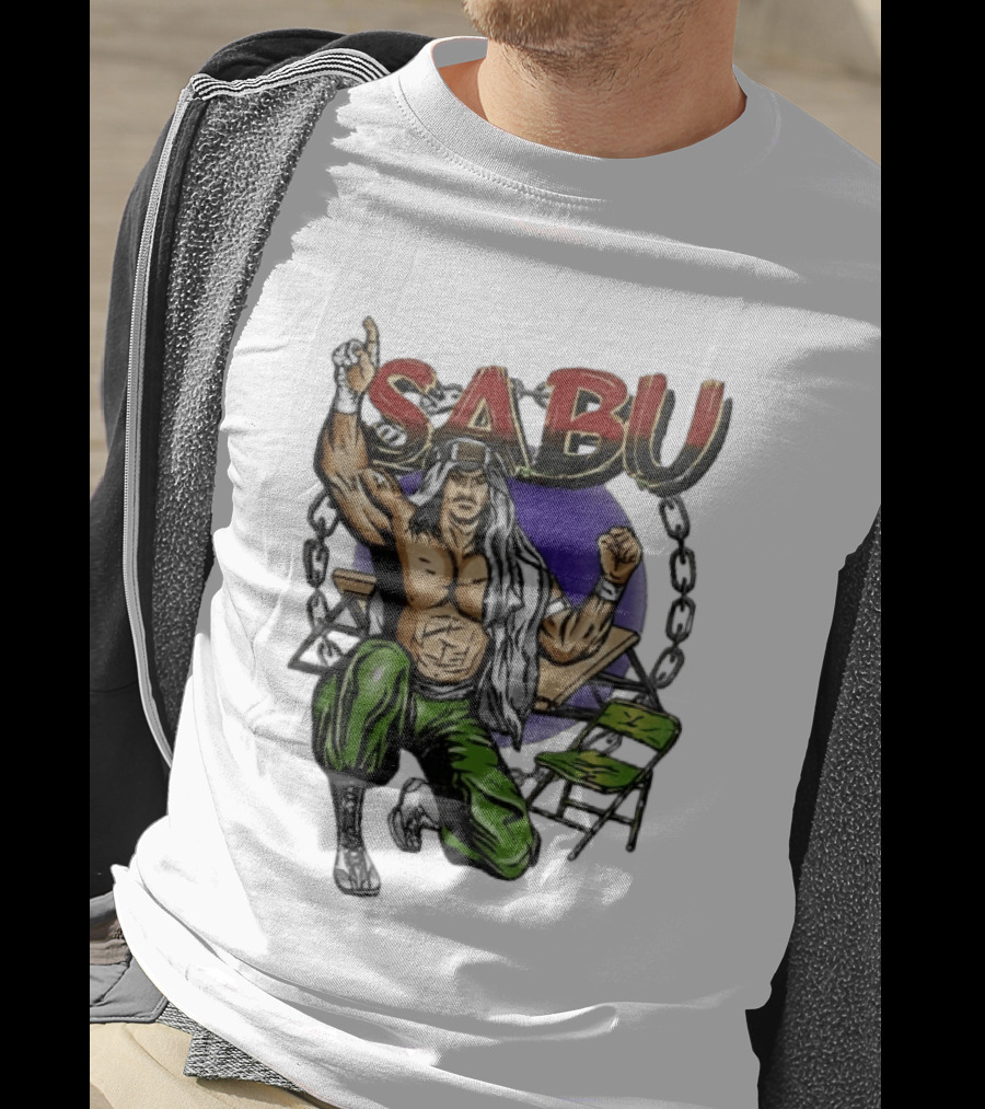 Sabu Terry Brunk Cartoon Kneeling Pose Green Chair Wooden Table Chains T-Shirt