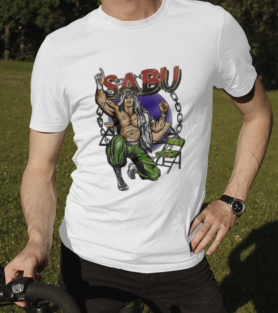 Sabu Terry Brunk Cartoon Kneeling Pose Green Chair Wooden Table Chains T-Shirt