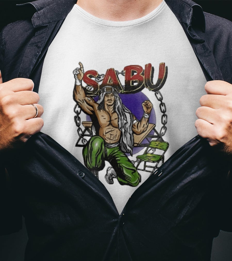 Sabu Terry Brunk Cartoon Kneeling Pose Green Chair Wooden Table Chains T-Shirt