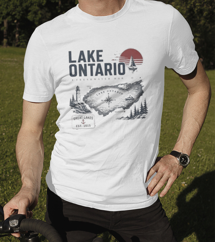 Lake Ontario Rochester Great Lakes Est 1615 Vintage Scenic Sunset License Plate Anchored Sailboat Lighthouse T-Shirt
