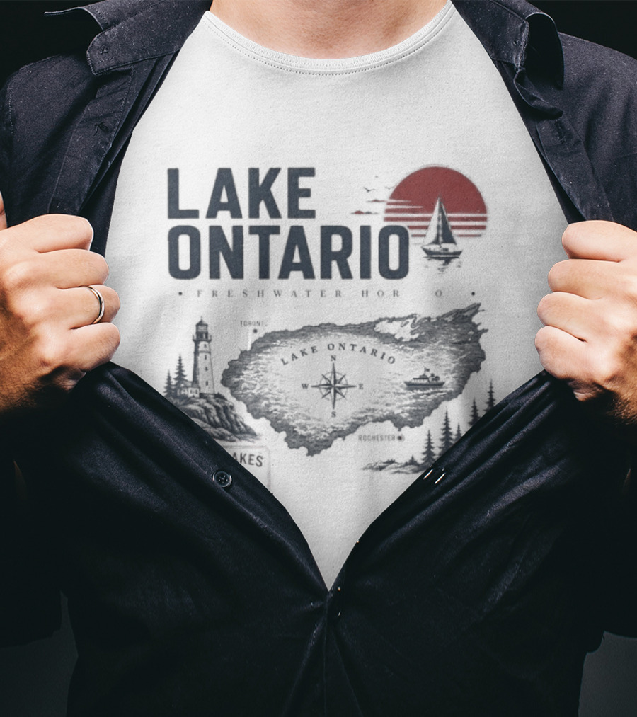 Lake Ontario Rochester Great Lakes Est 1615 Vintage Scenic Sunset License Plate Anchored Sailboat Lighthouse T-Shirt