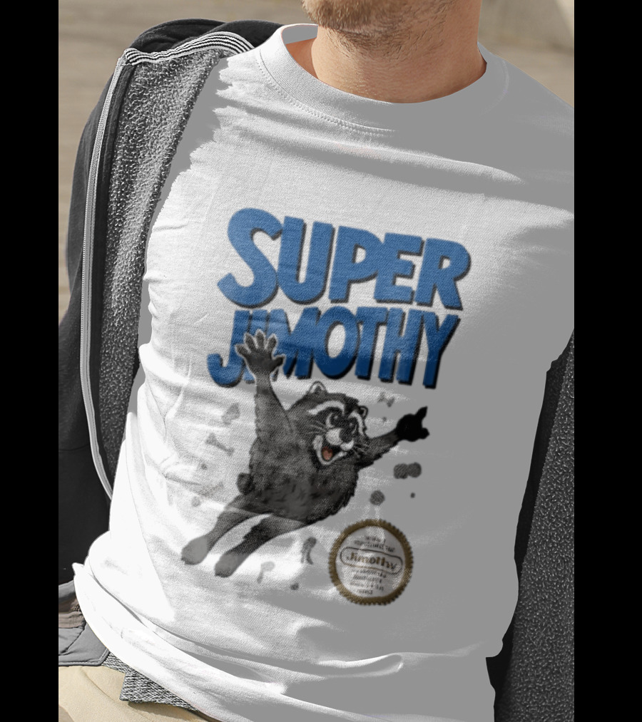 Super Jimothy Cartoon Flying Raccoon Trash Scraps Gold Seal T-Shirt